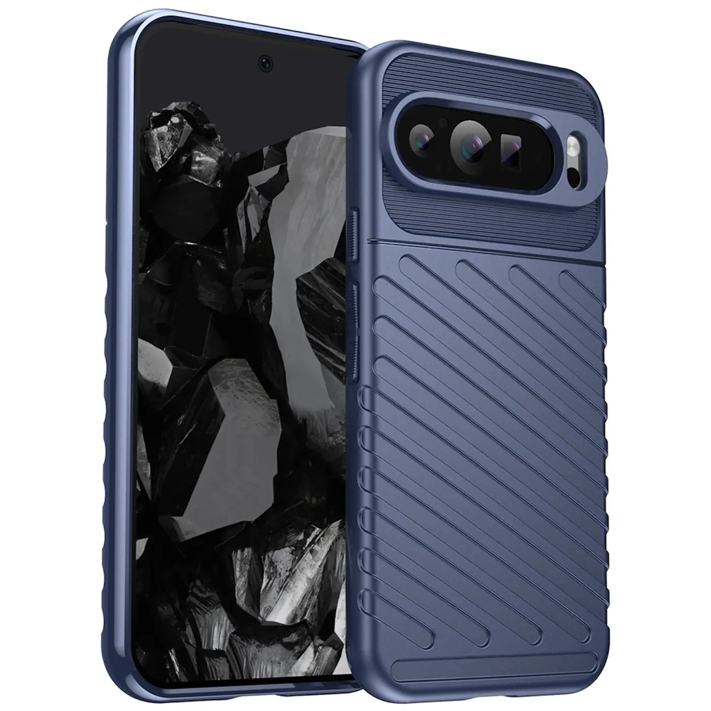 Dunkelblaue, stoßfeste Silikonhülle für Google Pixel 9 Pro XL, schräg von hinten rechts, mit Kameraausschnitt.