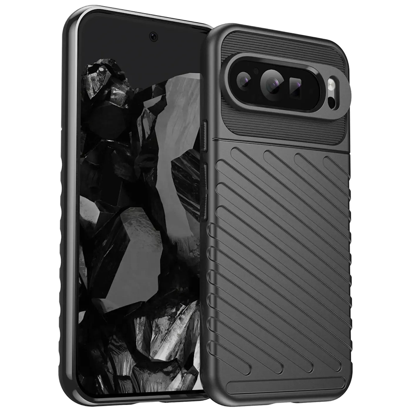 Dunkelgraue, stoßfeste TPU-Hülle für Google Pixel 9 Pro XL, schräg von hinten rechts mit Kameraausschnitt.