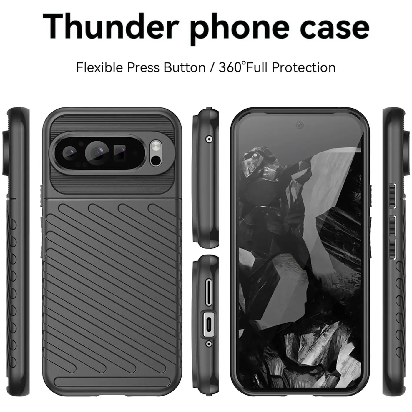Fünf Ansichten einer schwarzen, stoßfesten Silikonhülle für das Google Pixel 9 Pro XL, Rückseite mit Streifenmuster.