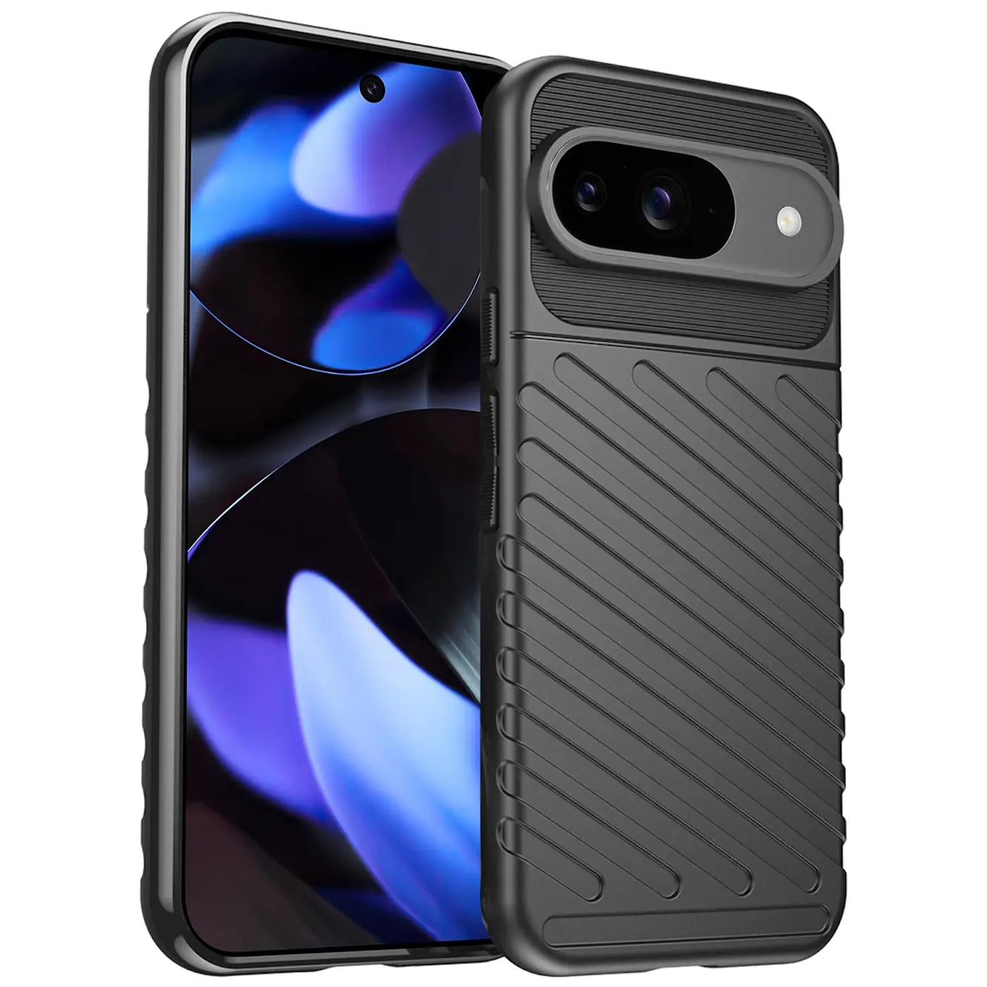 Schwarze, stoßfeste Silikonhülle für Google Pixel 9, schräg von hinten rechts mit leicht sichtbarem Display.