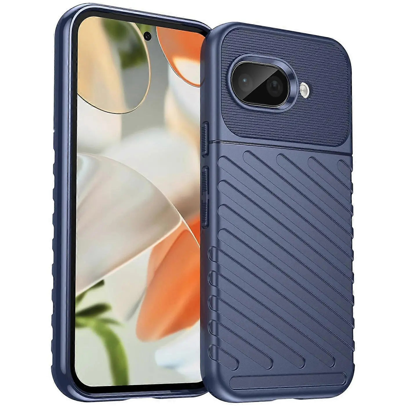 Dunkelblaue, stoßfeste Silikonhülle für Google Pixel 9a, schräg von hinten rechts mit diagonalen Rillen.