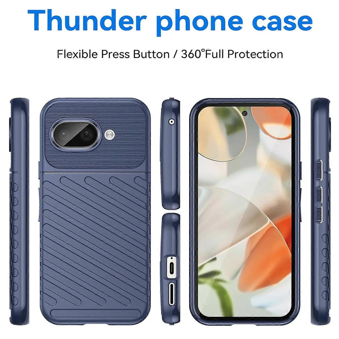 Dunkelblaue, stoßfeste Silikonhülle für Google Pixel 9a, von hinten, vorne und den Seiten gezeigt.