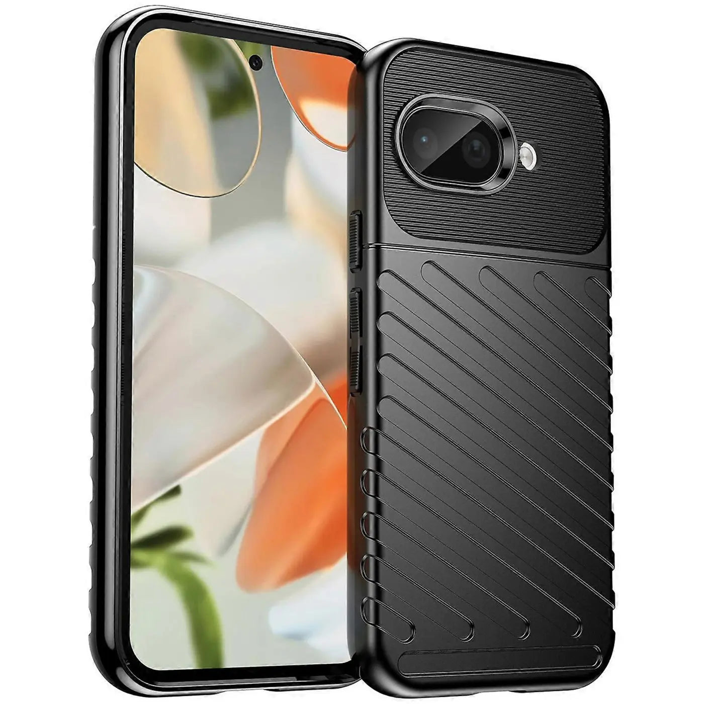 Schwarze, stoßfeste Silikonhülle für Google Pixel 9a, schräg von vorne/hinten, mit geriffeltem Muster auf der Rückseite.