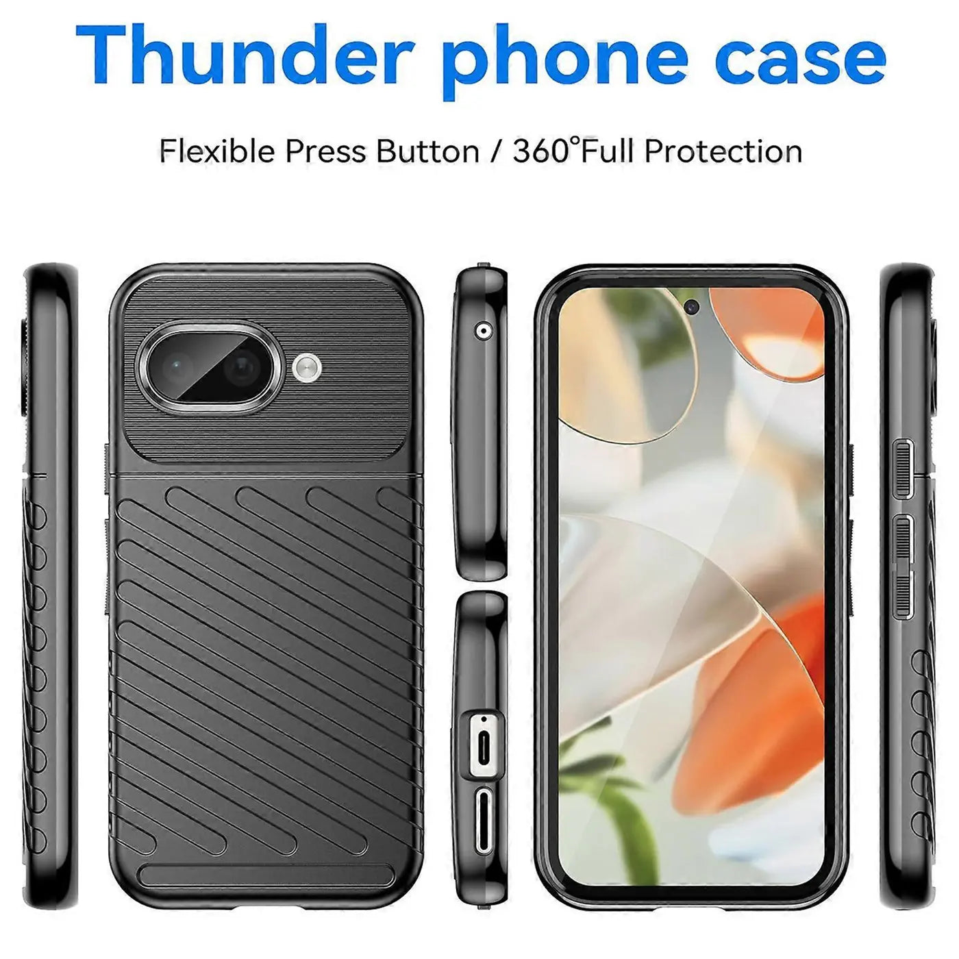Mehrere Ansichten einer schwarzen, stoßfesten Handyhülle aus TPU für Google Pixel 9a. Rückseite mit Textur, Seitenansichten.