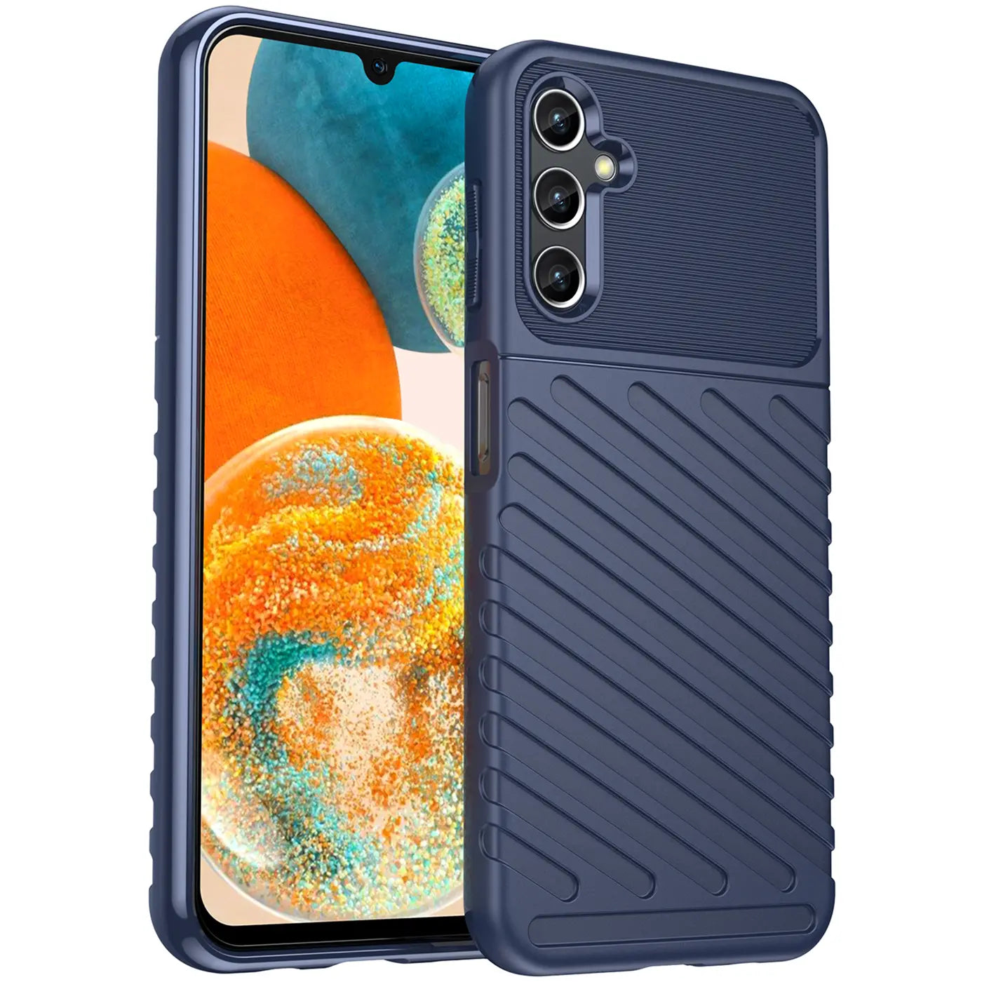Dunkelblaue Handyhülle aus Kunststoff, schräg von vorne, mit Samsung Galaxy A14 4G/5G.