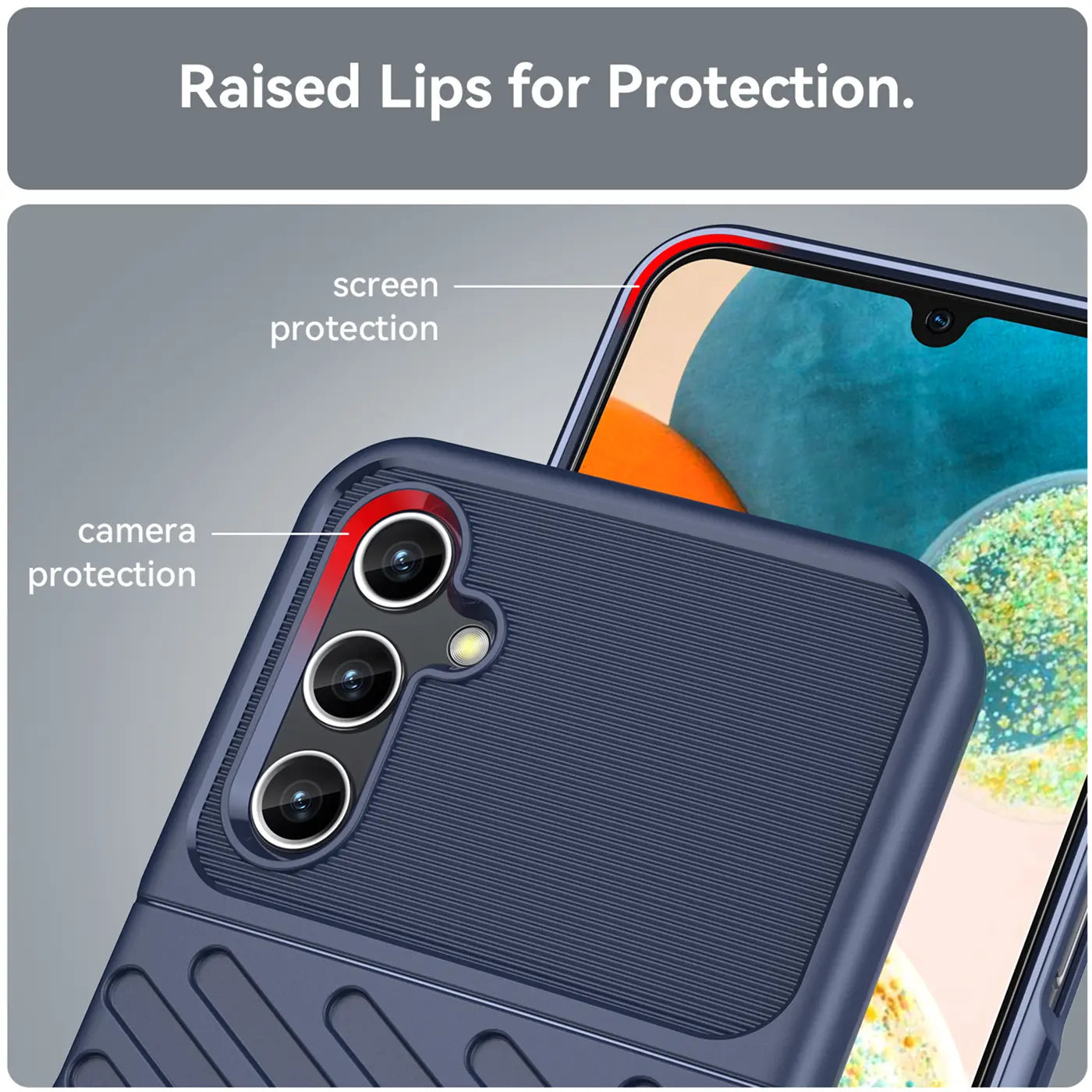 Dunkelblaue Handyhülle aus Kunststoff, Nahaufnahme der Rückseite mit Kameraaussparung, Samsung Galaxy A14.