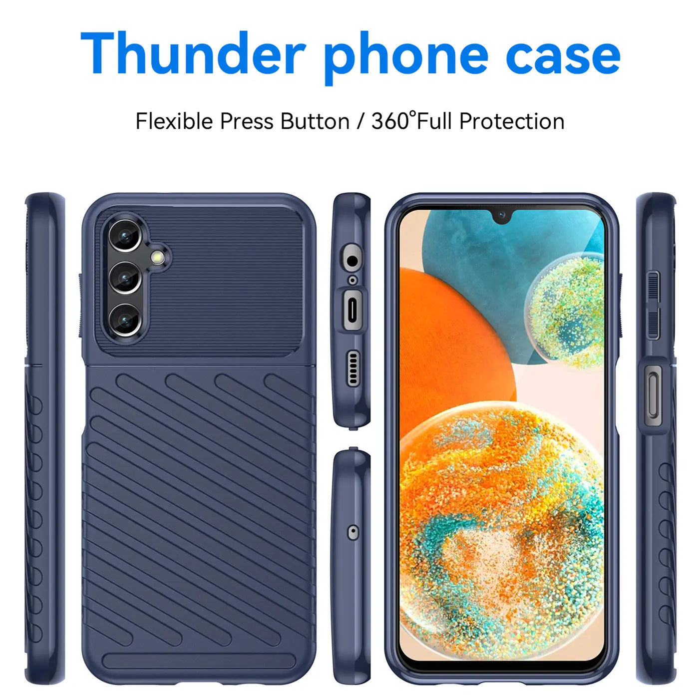 Dunkelblaue Handyhülle aus Gummi, verschiedene Ansichten, mit Samsung Galaxy A14 4G/5G.