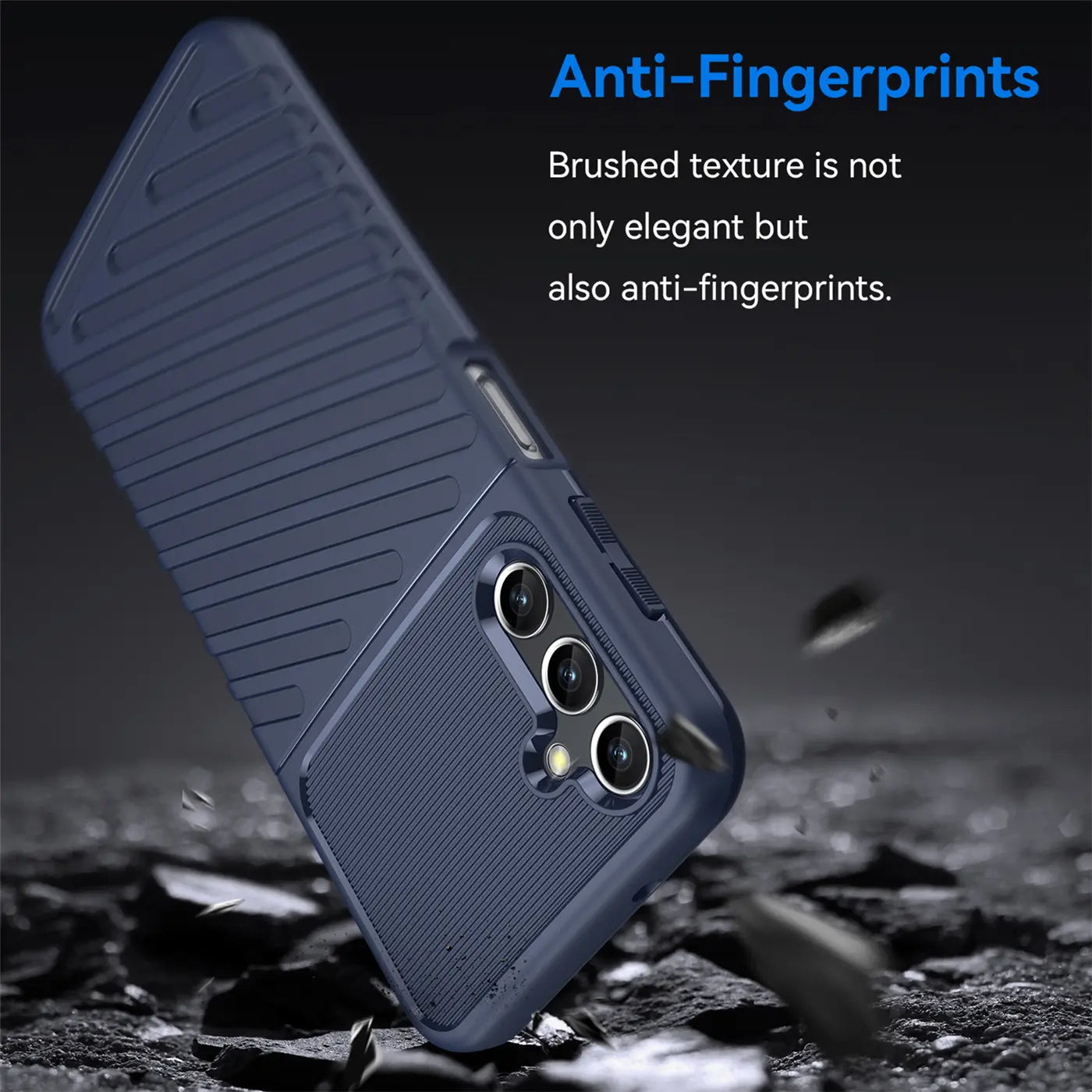 Dunkelblaue Handyhülle aus Kunststoff, Rückansicht, Samsung Galaxy A14 5G.