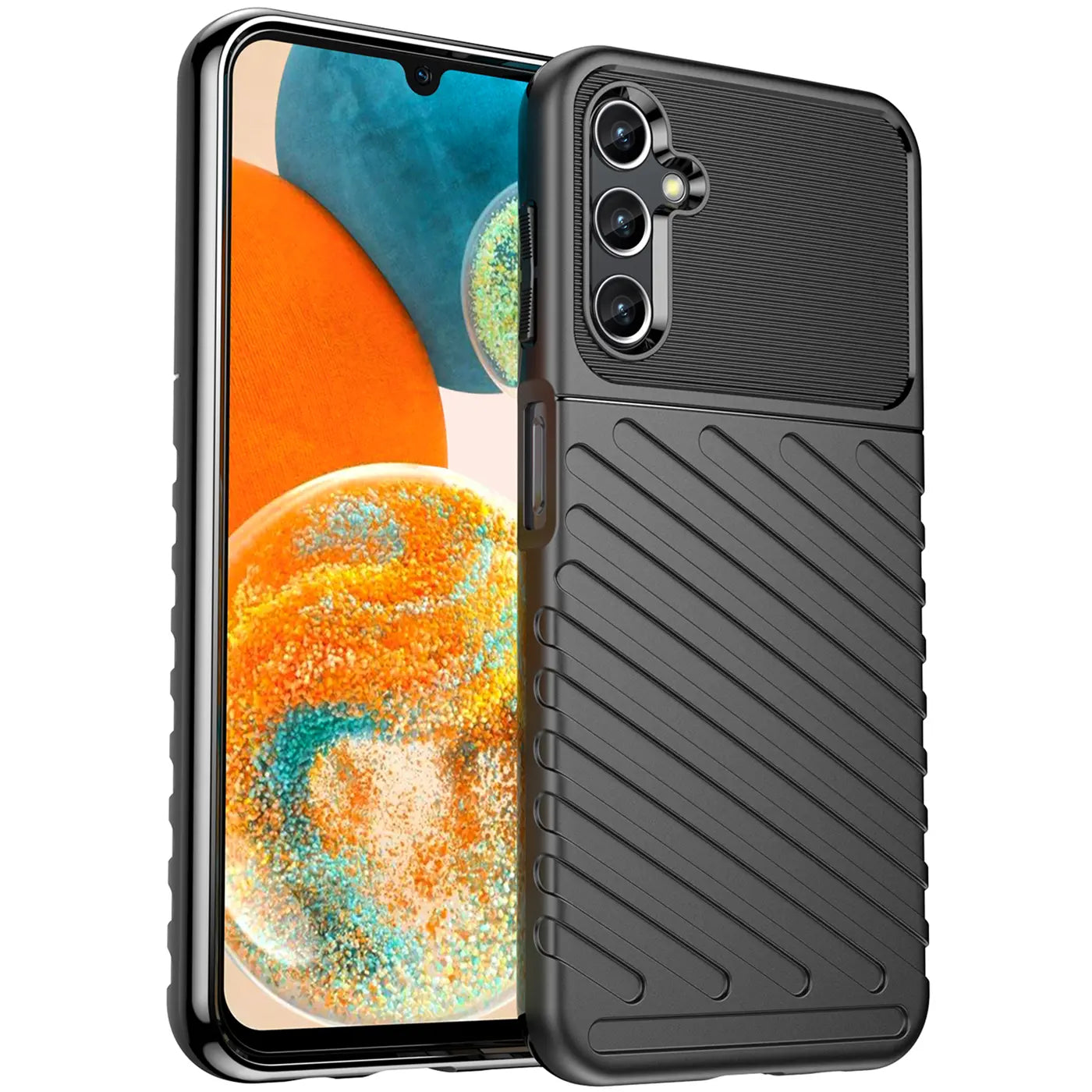 Schwarze, stoßfeste Hülle aus Gummi für Samsung Galaxy A14 5G, von vorne schräg fotografiert.