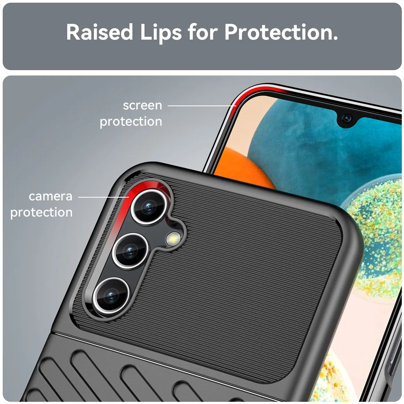 Schwarze Hülle aus Gummi/Kunststoff, Nahaufnahme der Rückseite eines Samsung Galaxy A14 mit Kamerainsel.