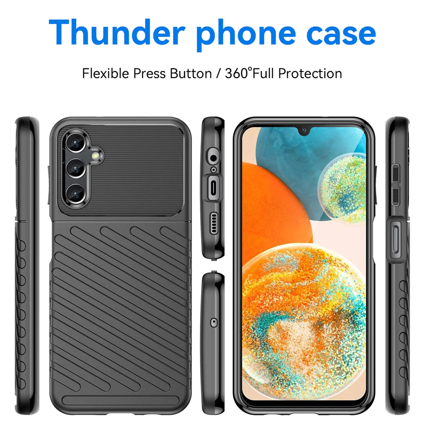 Schwarze Handyhülle aus Kunststoff, Vorder- und Seitenansicht, zeigt Samsung Galaxy A14 4G/5G.