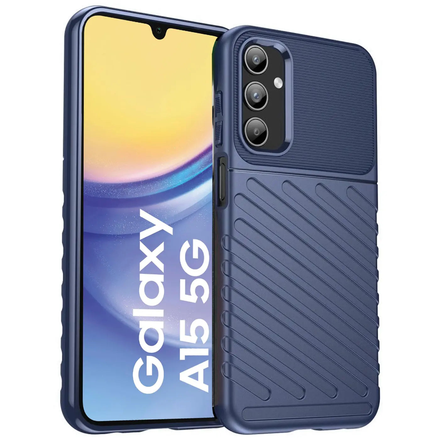 Dunkelblaue Handyhülle aus Kunststoff, schräg von vorne, mit Samsung Galaxy A15 5G.