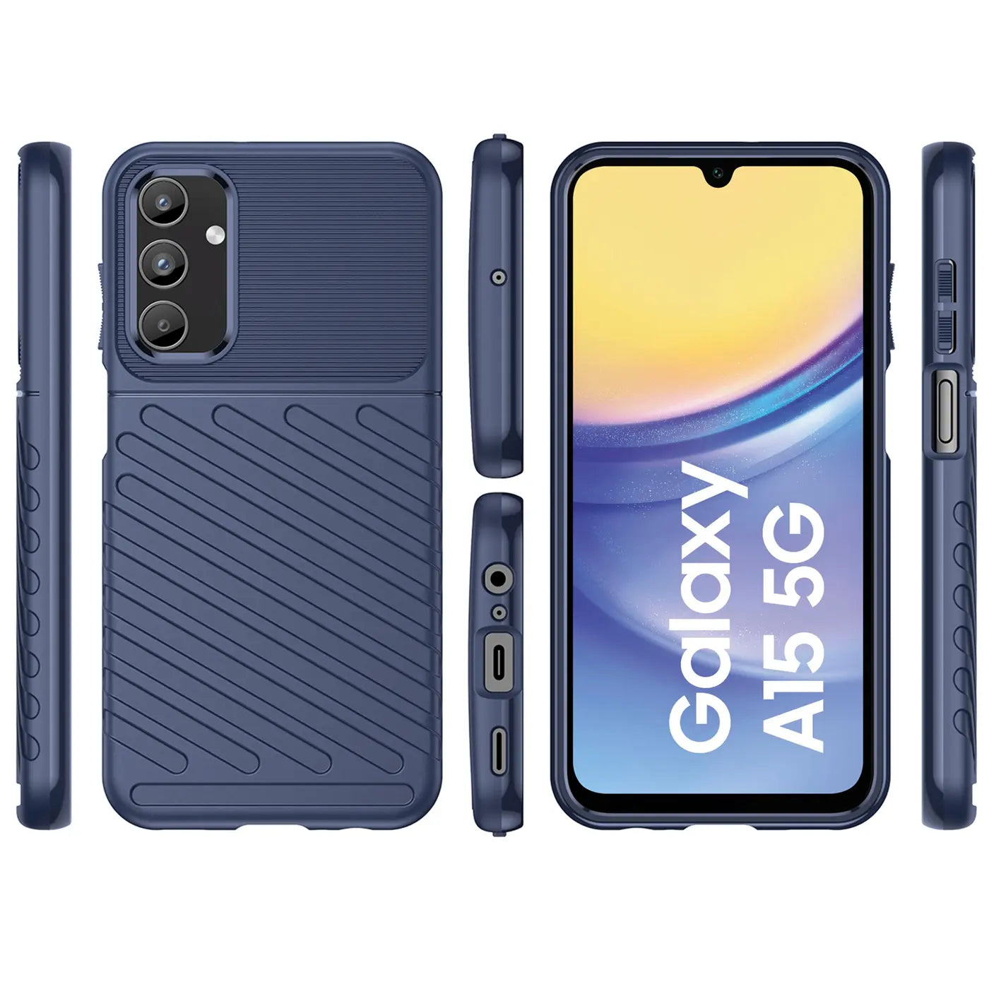 Dunkelblaue Handyhülle aus Kunststoff, Vorder- und Rückansicht, mit Samsung Galaxy A15 5G.