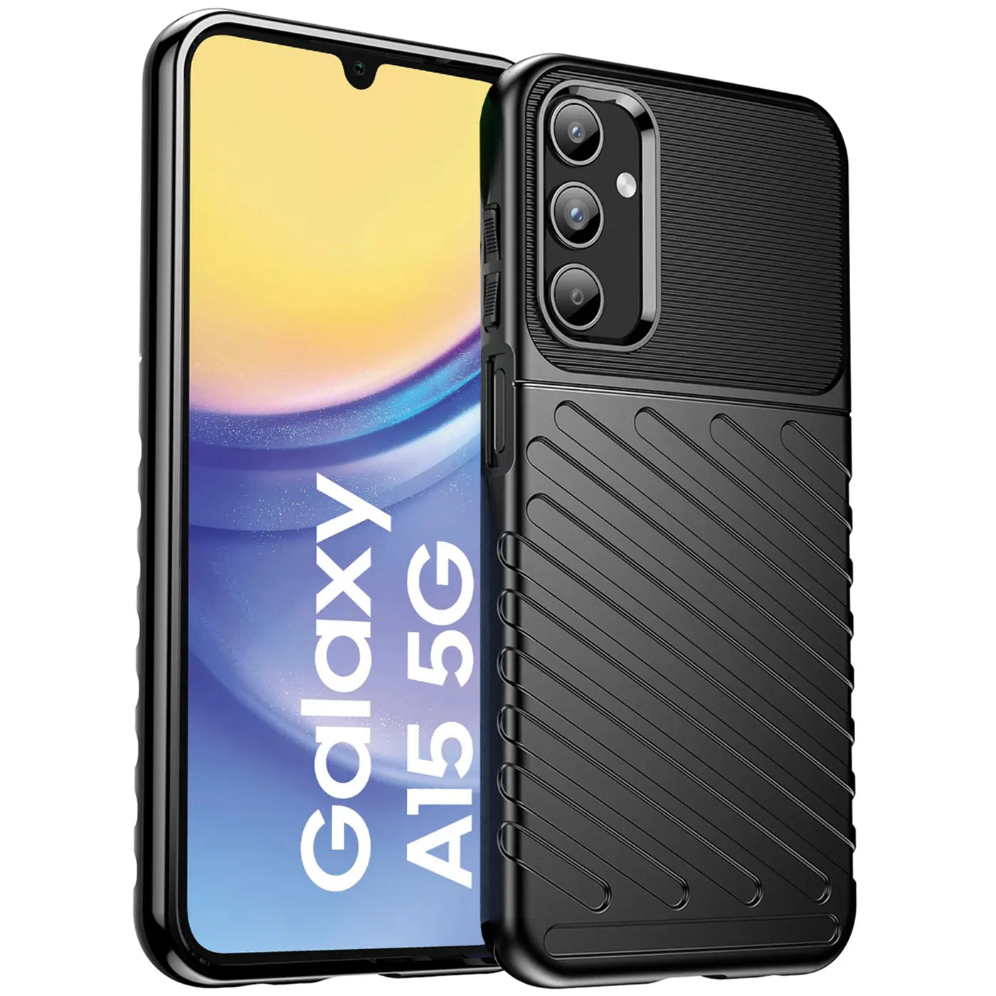 Schwarze, stoßfeste Handyhülle aus Kunststoff, seitliche Ansicht, zeigt Samsung Galaxy A15 5G.
