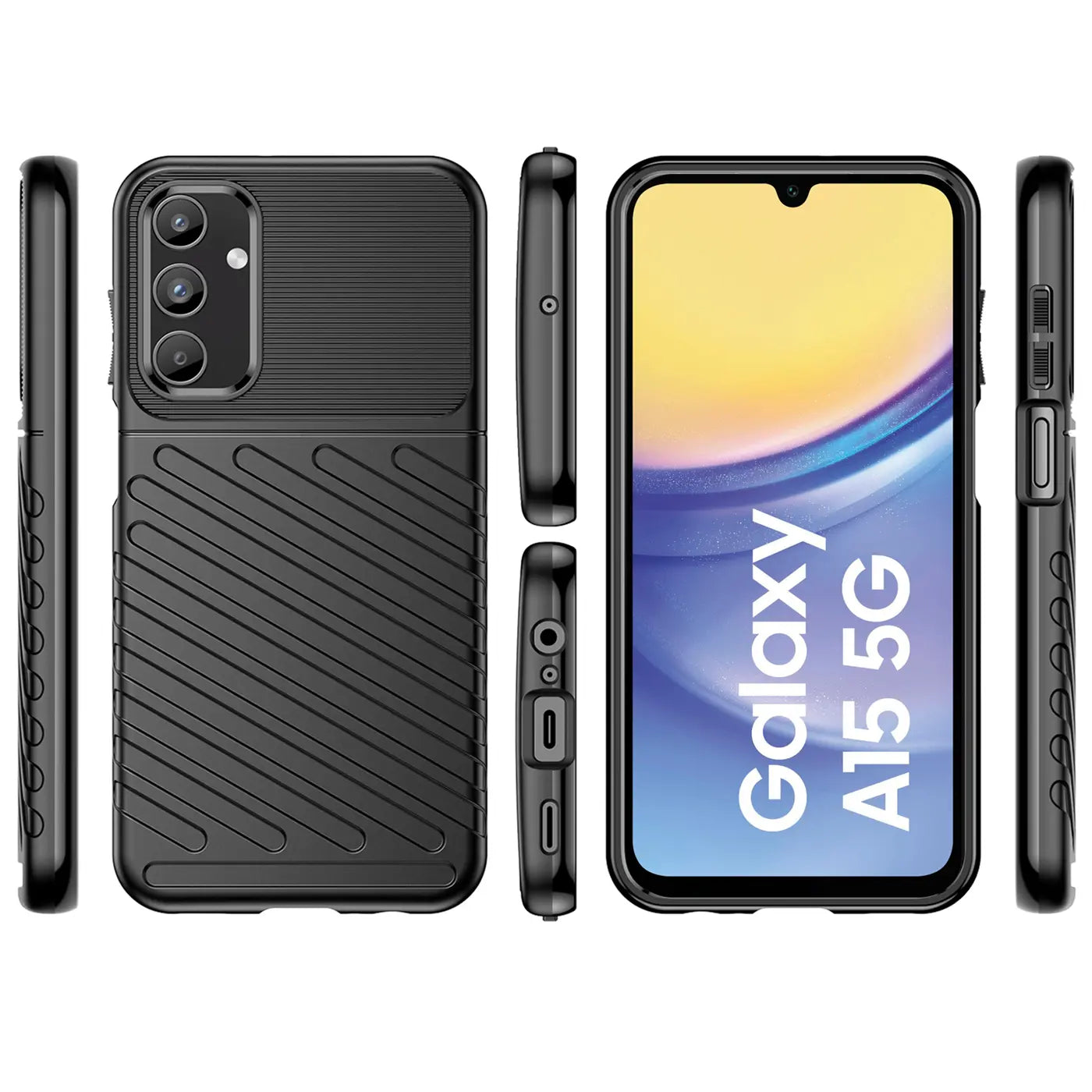 Schwarze Handyhülle aus Gummi für Samsung Galaxy A15 5G, Vorder- und Rückansicht