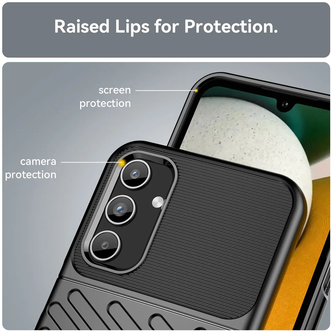 Schwarze Handyhülle aus Kunststoff mit erhöhten Rändern für Kamera und Display an einem Samsung Galaxy A15.