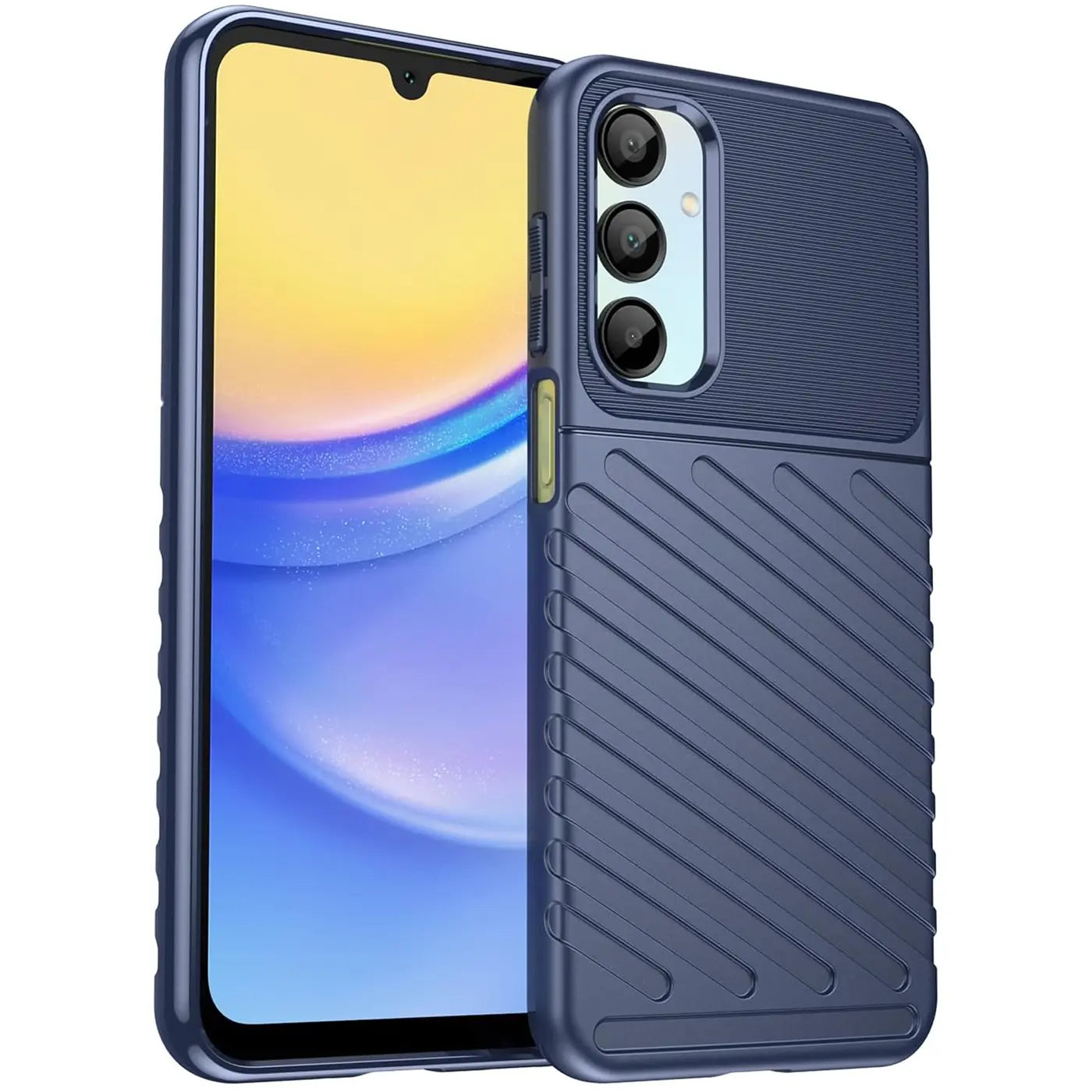Dunkelblaue Handyhülle aus Kunststoff mit Rillenmuster, Nahaufnahme, Samsung Galaxy A16 5G.