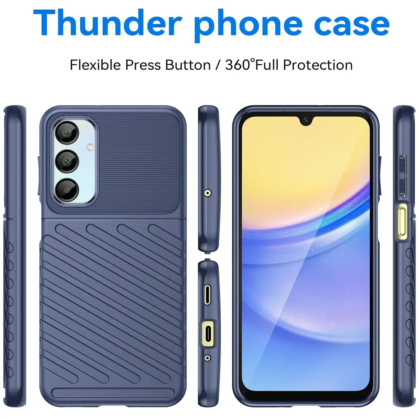 Dunkelblaue Handyhülle aus Kunststoff, Vorder- und Rückansicht, mit Samsung Galaxy A16 5G.
