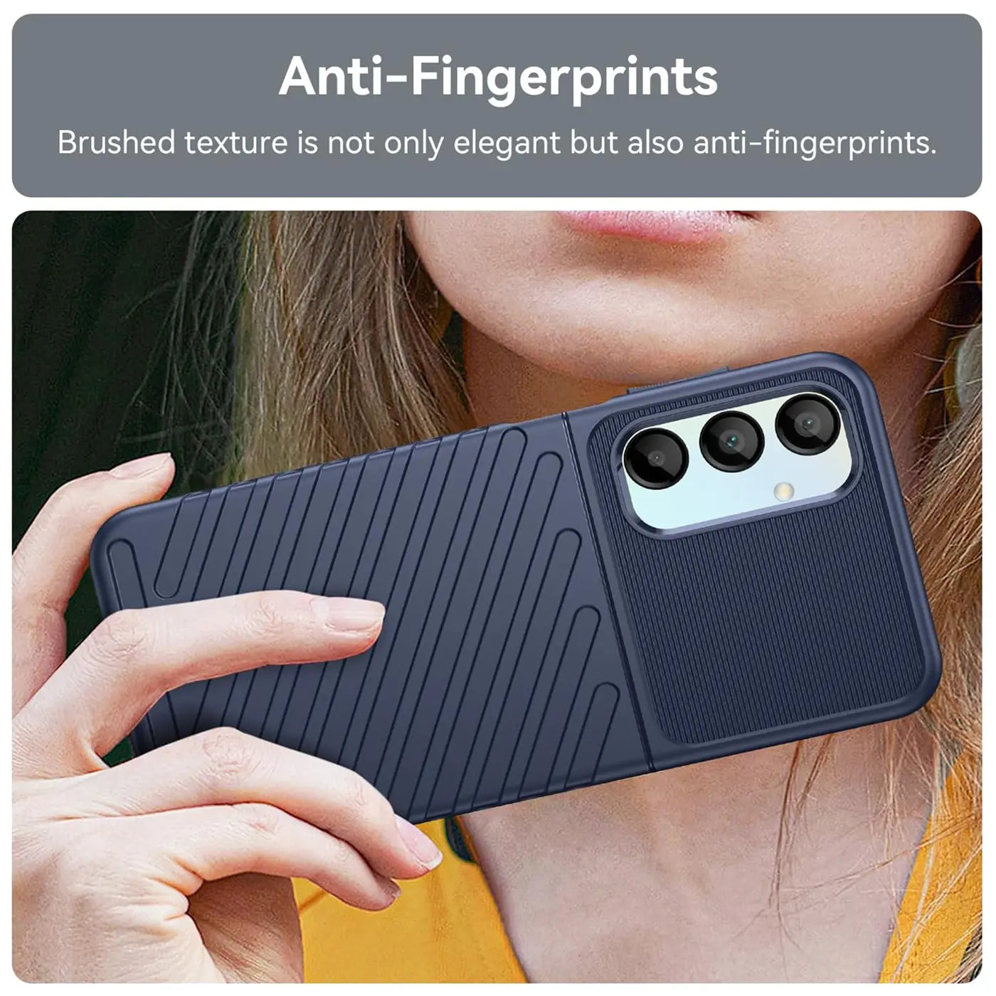 Dunkelblaue Handyhülle aus Kunststoff mit Rillenmuster, von vorne gezeigt, auf Samsung Galaxy A16 5G