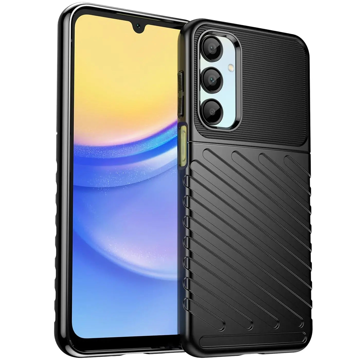 Schwarze Hülle aus Kunststoff, schräg von vorne, mit Samsung Galaxy A16 5G.