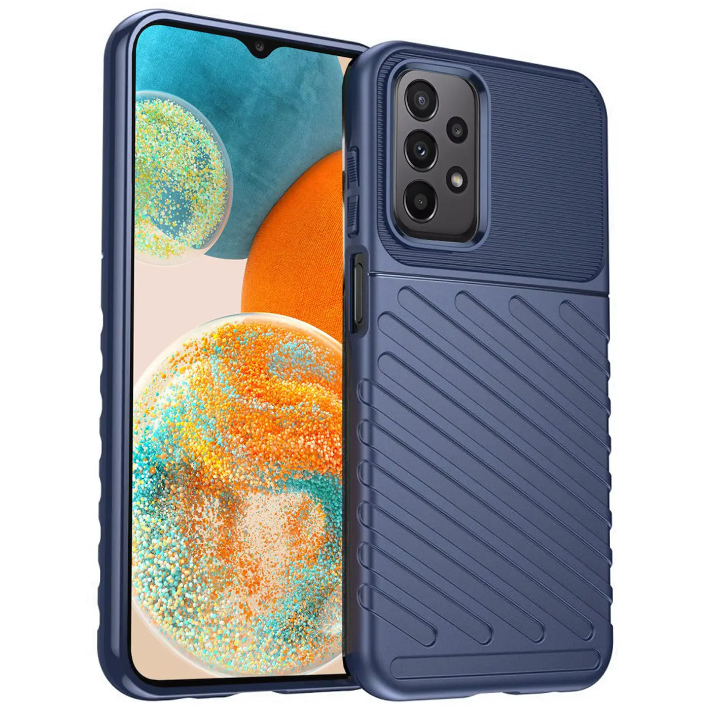 Dunkelblaue Handyhülle aus Kunststoff, schräg von vorne, zeigt Samsung Galaxy A23 5G.