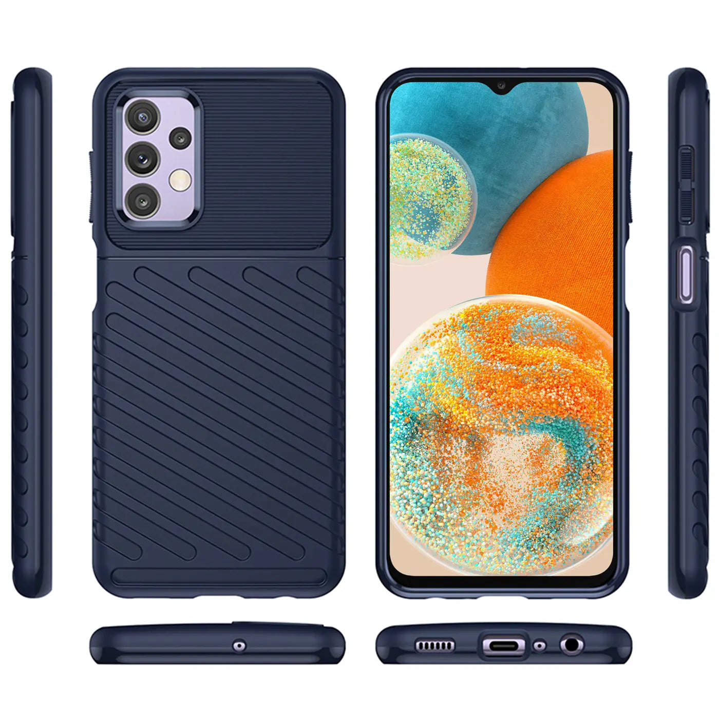 Dunkelblaue Handyhülle aus Gummi, verschiedene Ansichten, mit Samsung Galaxy A23 5G