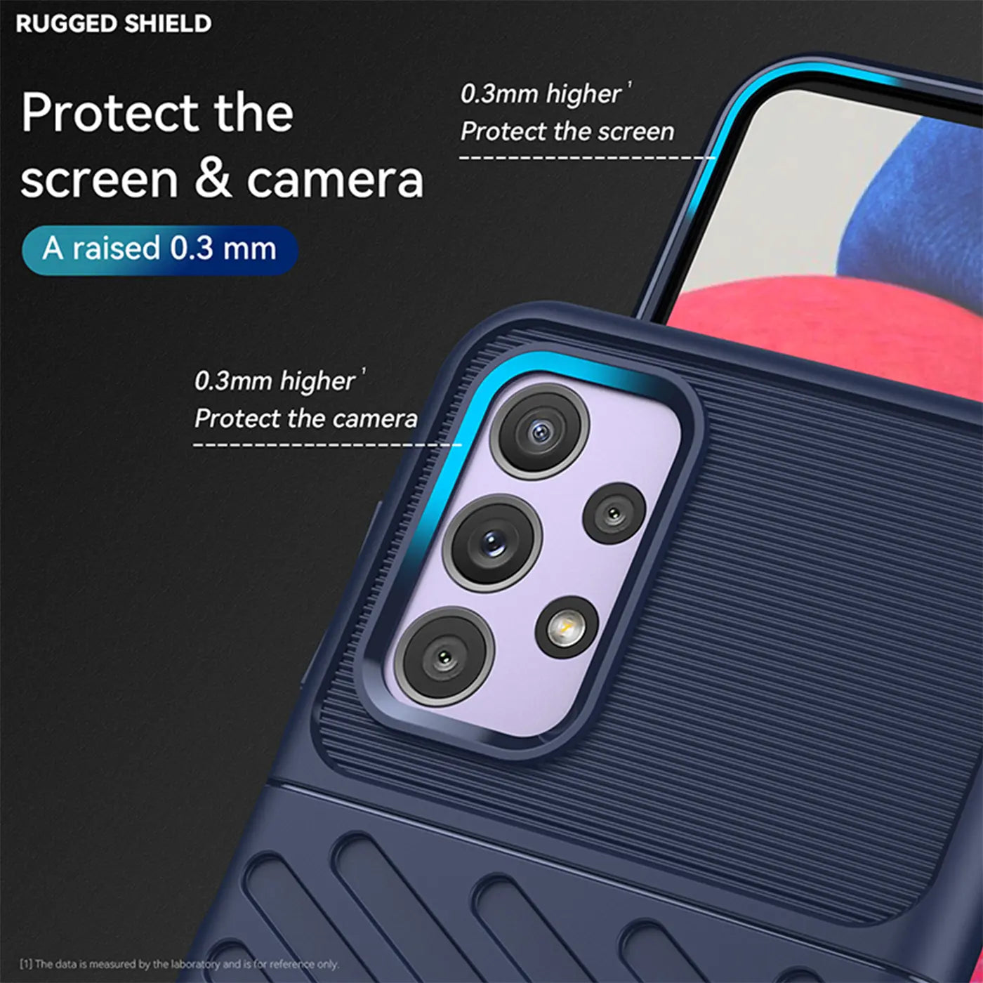 Dunkelblaue Handyhülle aus Kunststoff, Nahaufnahme der Kamera, Samsung Galaxy A23 5G.