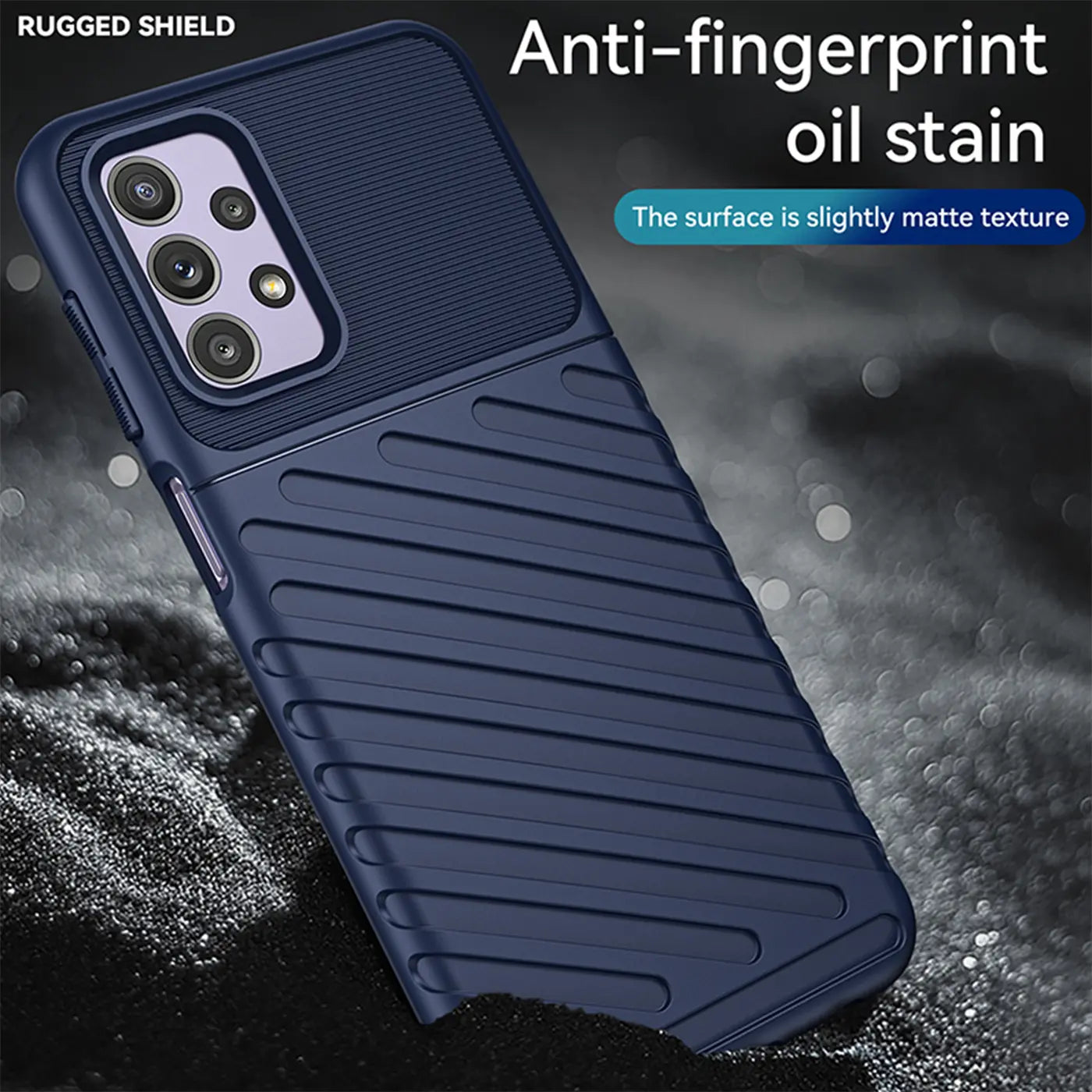 Dunkelblaue Handyhülle aus Gummi, schräg von vorne, für Samsung Galaxy A23 5G.