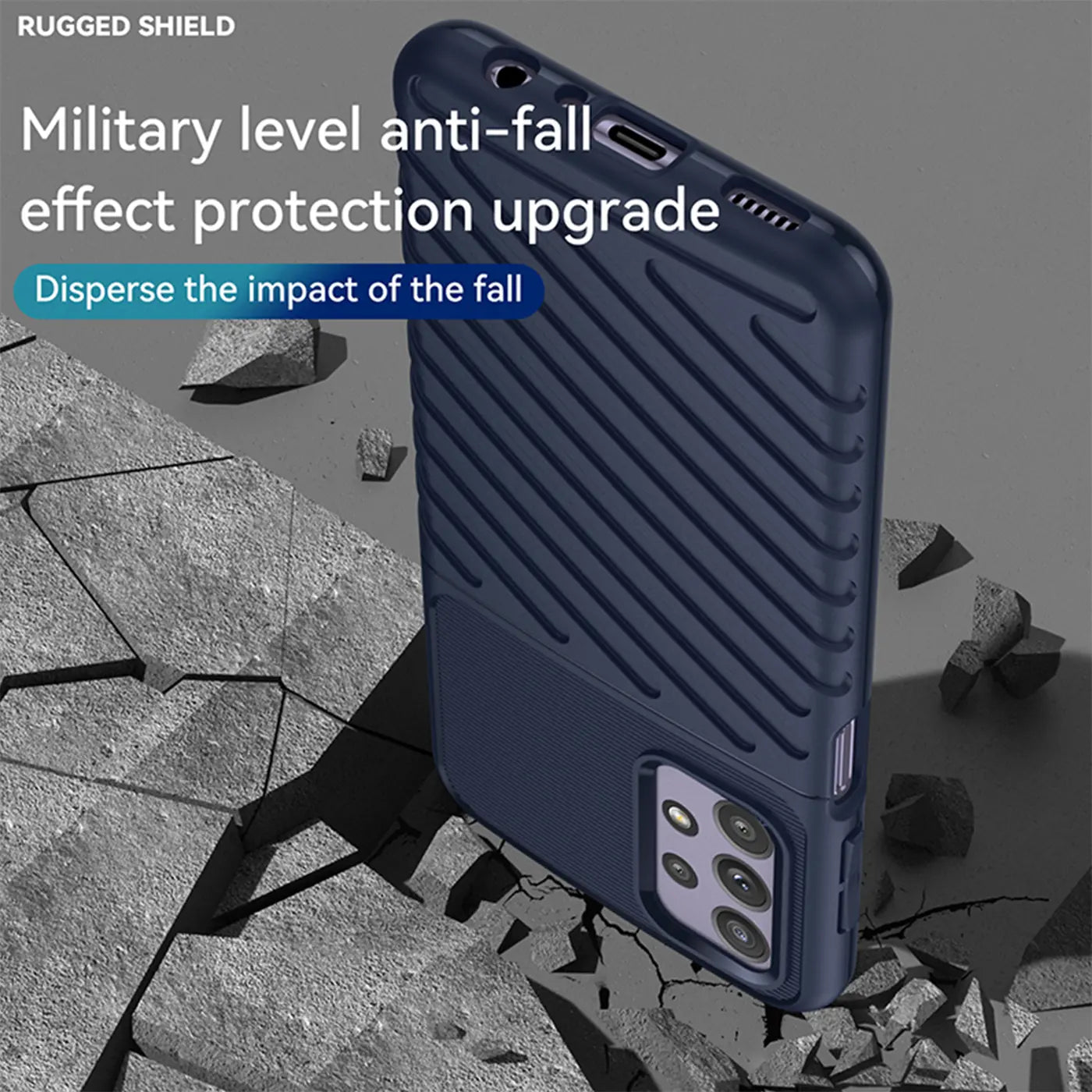 Dunkelblaue, geriffelte Handyhülle aus Kunststoff, Seitenansicht, Samsung Galaxy A23 5G.