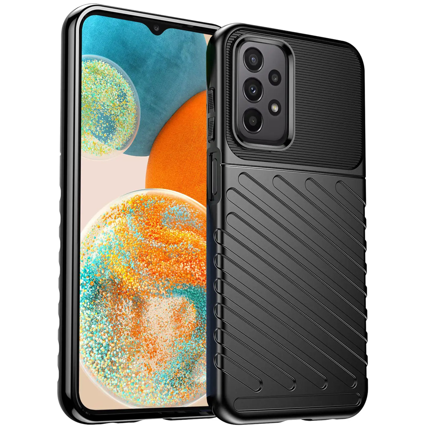 Schwarze Hülle aus Kunststoff mit Rillenmuster, seitliche Ansicht, zeigt Samsung Galaxy A23 5G.
