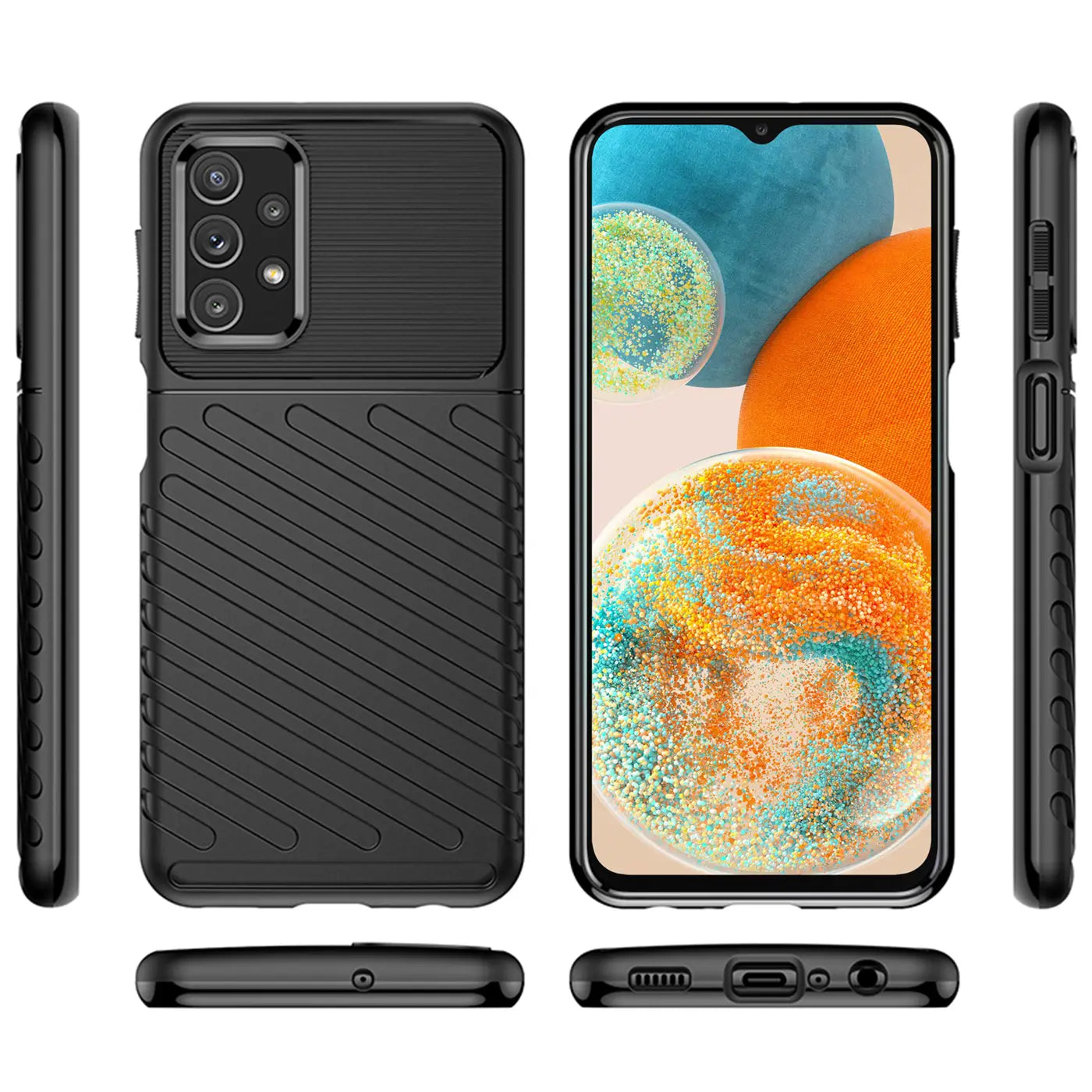 Schwarze Handyhülle aus Kunststoff, Vorder- und Rückansicht, mit Samsung Galaxy A23 5G.