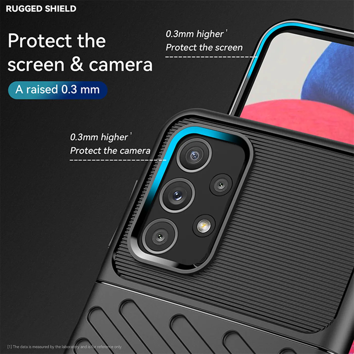 Schwarze Handyhülle aus Kunststoff, Nahaufnahme der Kamera, Samsung Galaxy A23 5G.
