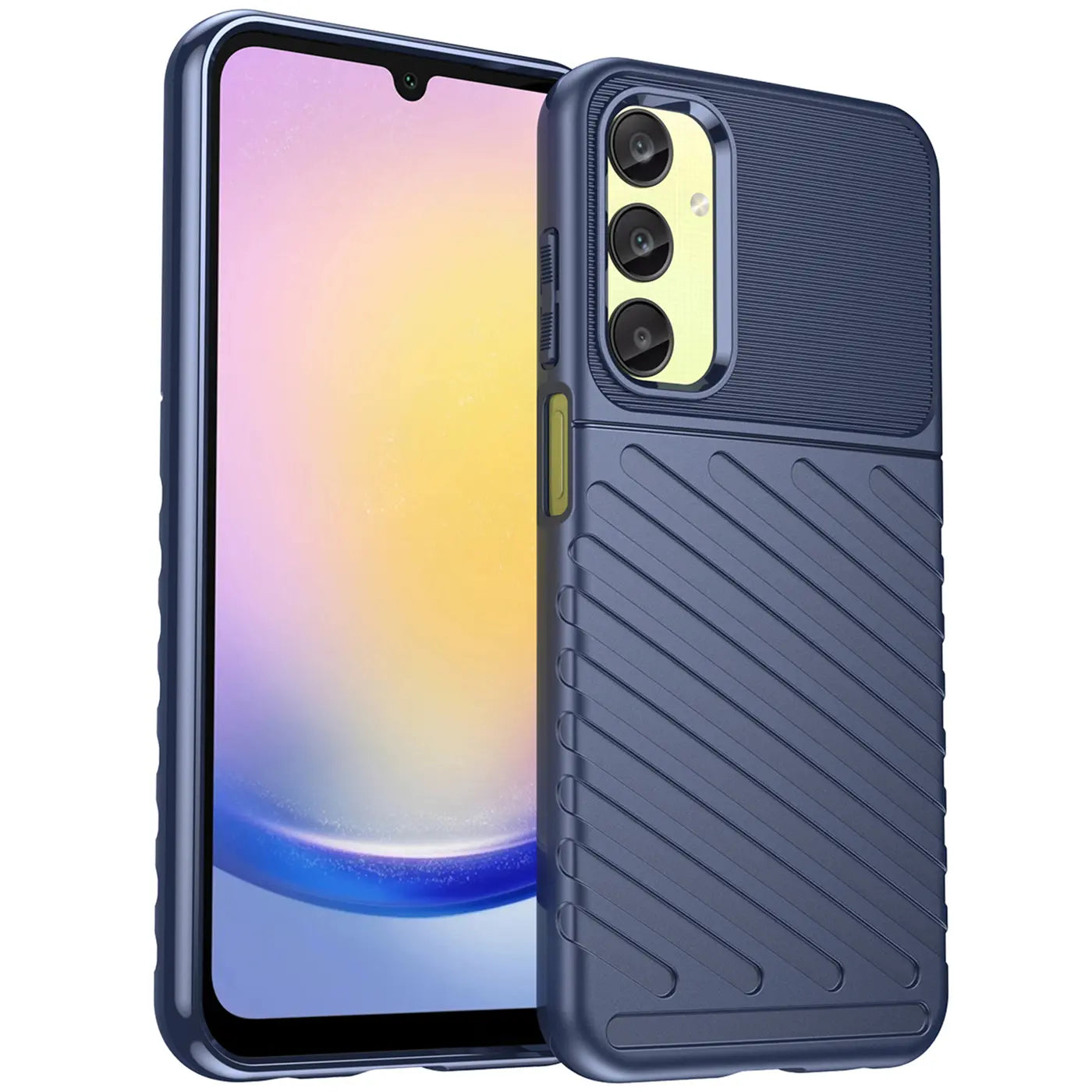 Dunkelblaue Handyhülle aus Gummi, schräg von vorne, zeigt Samsung Galaxy A25 5G.
