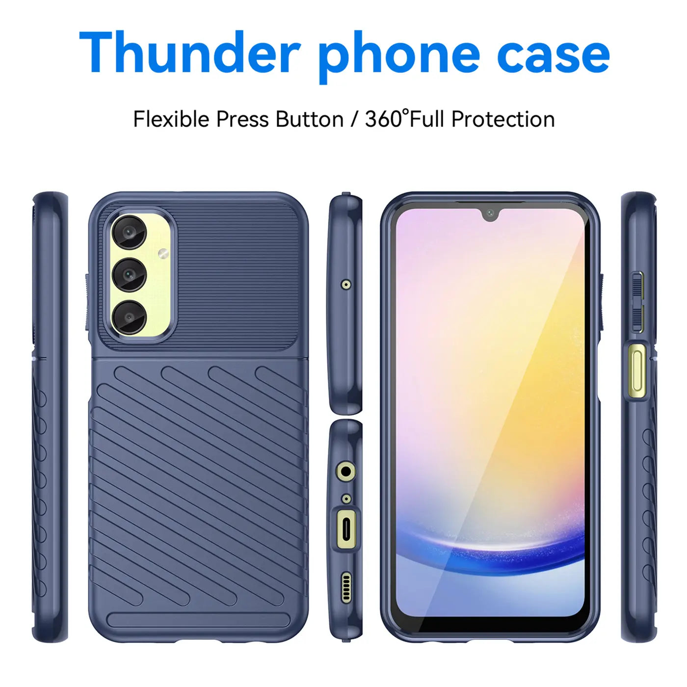 Dunkelblaue Handyhülle aus Kunststoff, Vorder- und Rückansicht, Samsung Galaxy A25 5G.