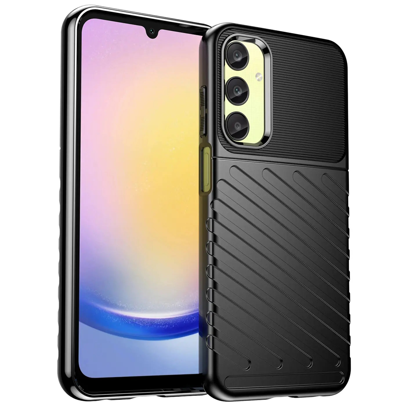 Schwarze Hülle aus Kunststoff mit Rillenmuster, seitliche Ansicht, zeigt Samsung Galaxy A25 5G.
