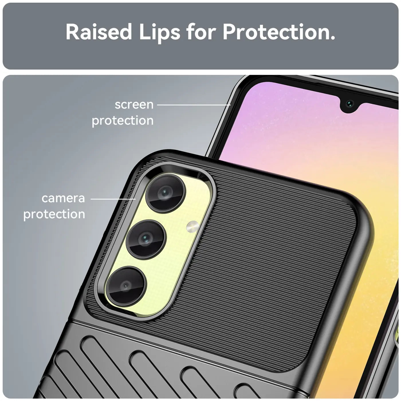 Schwarze Hülle aus Kunststoff mit gerillter Textur, zeigt Rückseite eines Samsung Galaxy A25 5G.