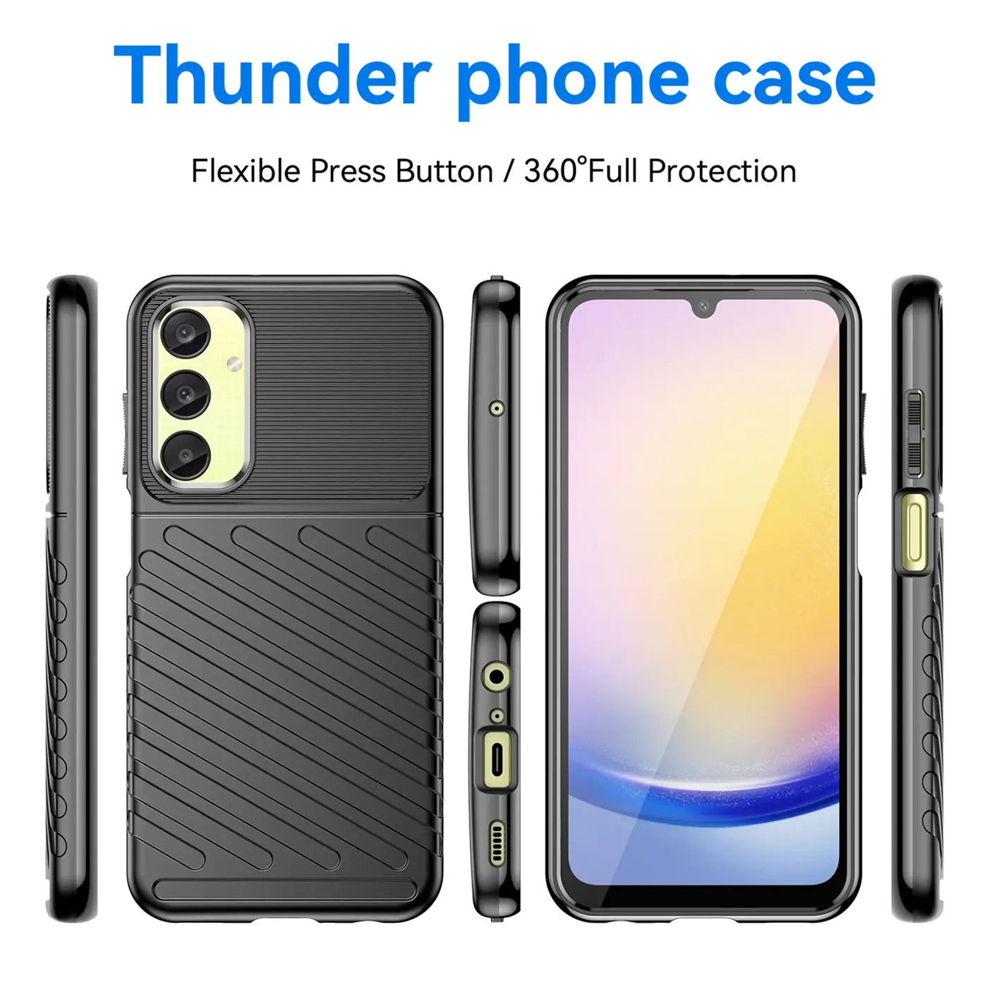 Schwarze Handyhülle aus Gummi für Samsung Galaxy A25 5G, Rückseite und Seitenansicht.