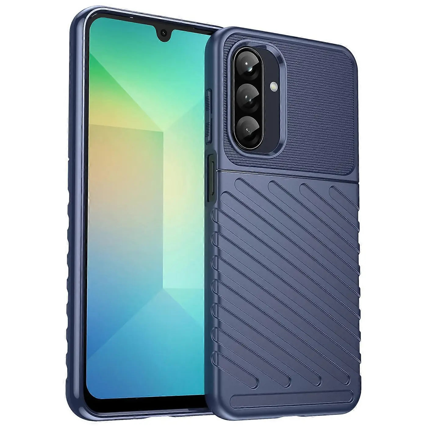 Dunkelblaue, stoßfeste Handyhülle aus Kunststoff, schräg von vorne, mit Samsung Galaxy A26 5G.
