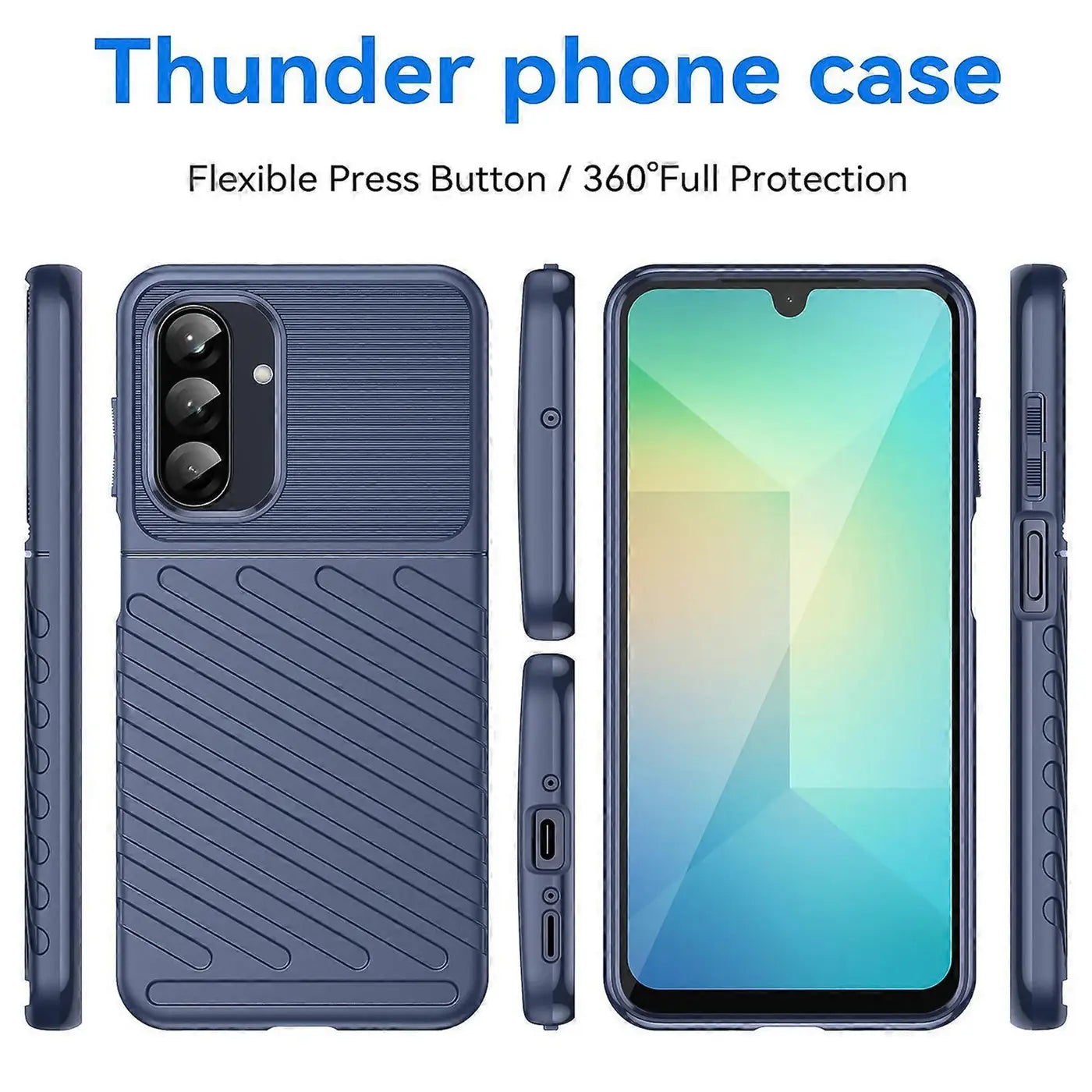 Dunkelblaue Handyhülle aus Kunststoff, Rückseite mit Rillenmuster, Vorderansicht eines Samsung Galaxy A26 5G.