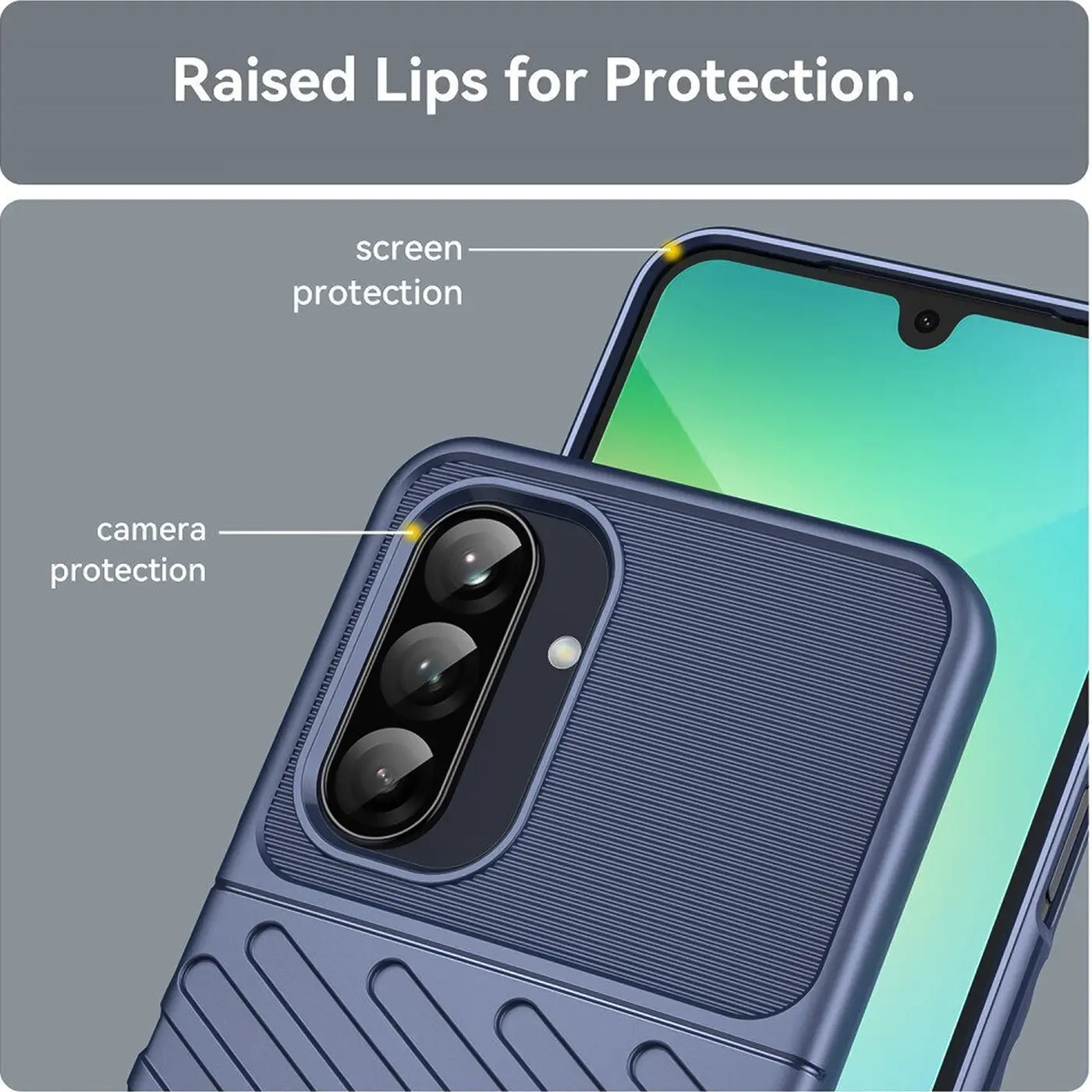 Dunkelblaue Handyhülle aus Kunststoff, Nahaufnahme der Rückseite mit Kamera, Samsung Galaxy A26 5G erkennbar.