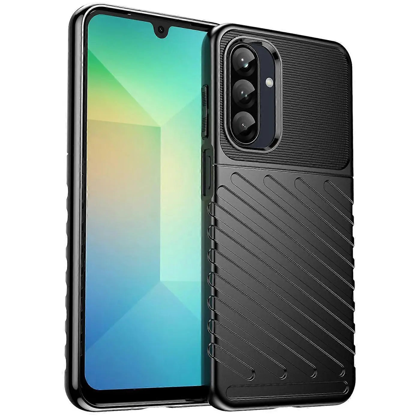 Schwarze, stoßfeste Handyhülle aus Kunststoff, schräg von vorne, zeigt Samsung Galaxy A26 5G.