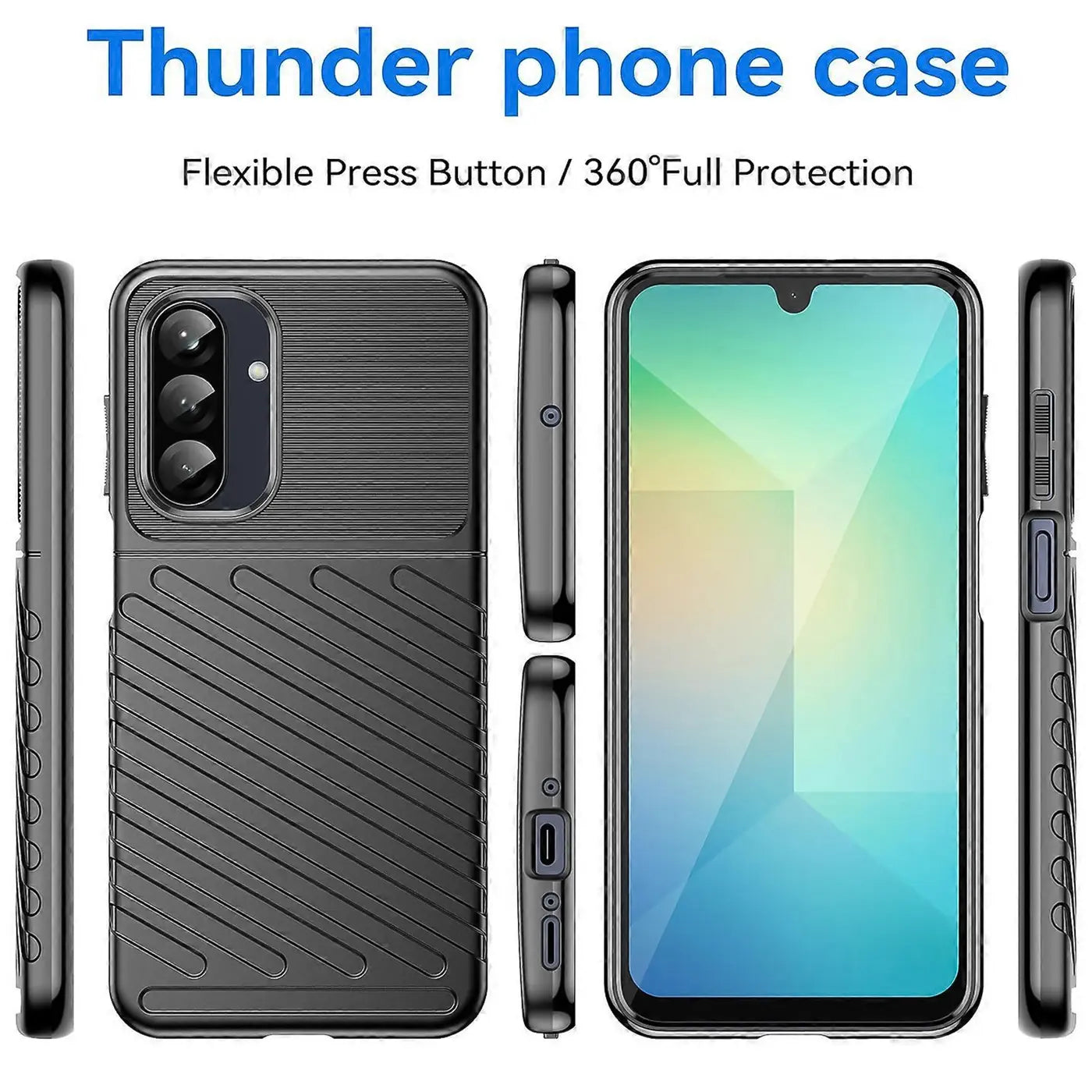 Schwarze Handyhülle aus Gummi für Samsung Galaxy A26 5G, von vorne und Seite gezeigt.