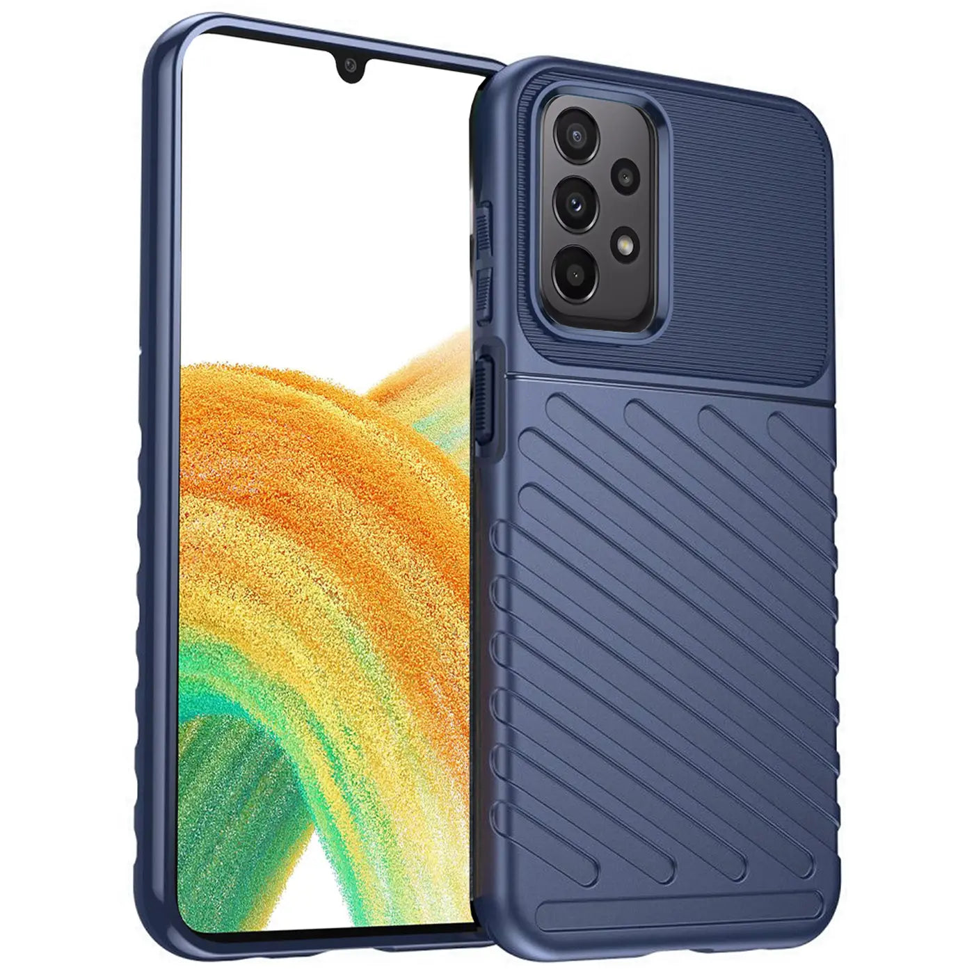 Dunkelblaue Handyhülle aus Kunststoff, schräg von vorne, für Samsung Galaxy A33 5G.