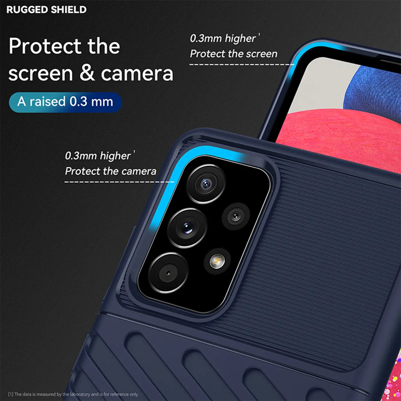 Dunkelblaue Handyhülle aus Kunststoff, Nahaufnahme der Kamera, Samsung Galaxy A33 5G.