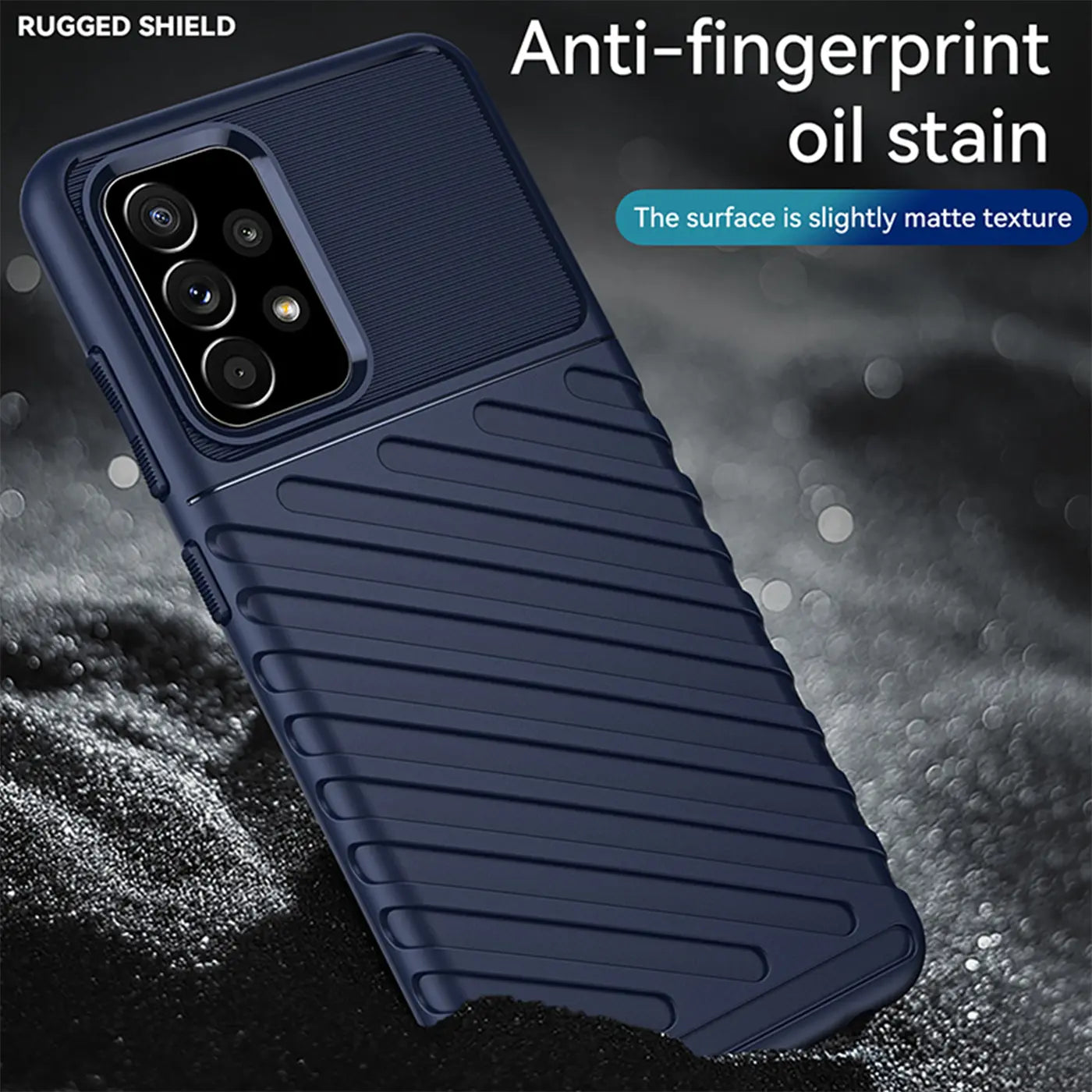 Dunkelblaue Handyhülle aus Gummi, von schräg oben, für Samsung Galaxy A33 5G.