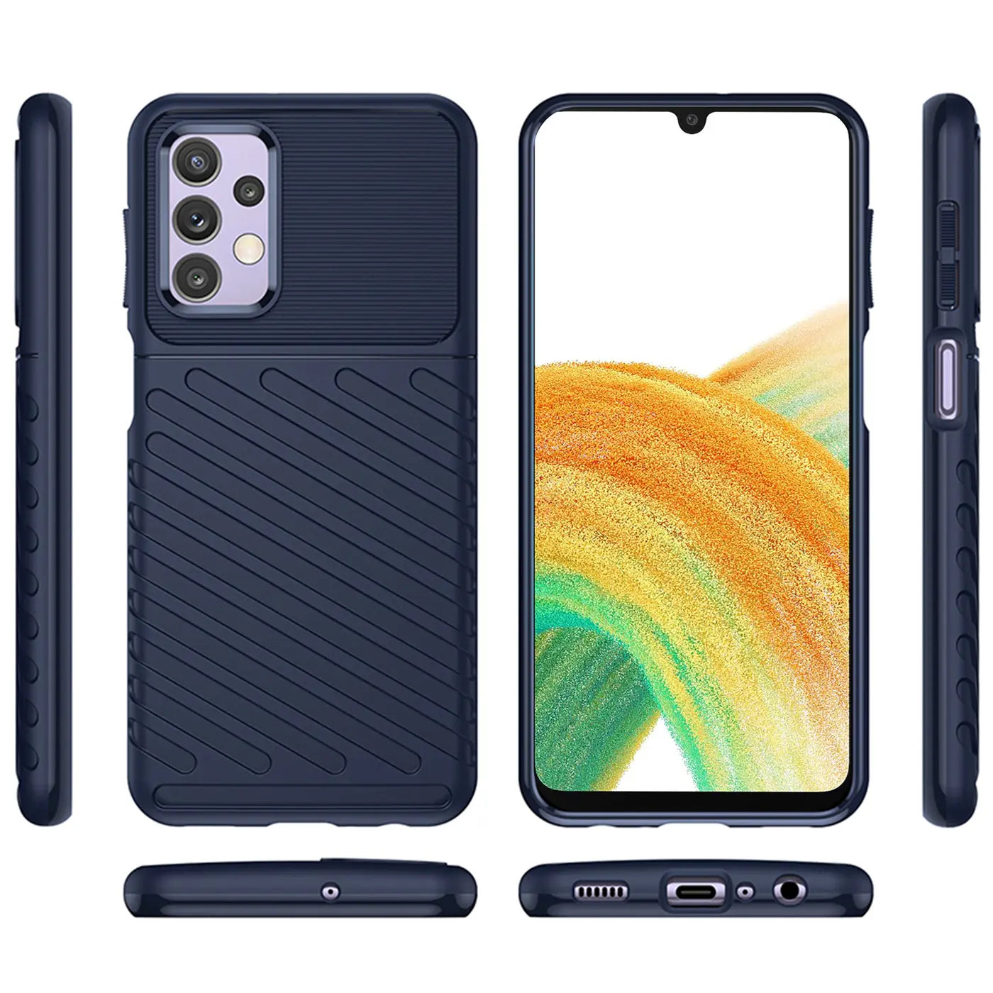 Dunkelblaue Handyhülle aus Kunststoff, Vorder- und Rückansicht, mit Samsung Galaxy A33 5G