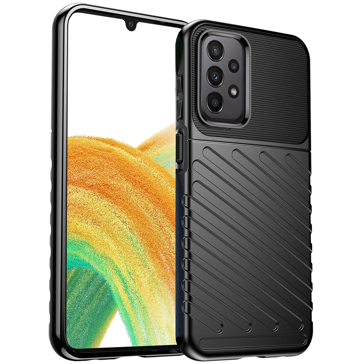 Schwarze Hülle aus Kunststoff für Samsung Galaxy A33 5G, von vorne rechts gesehen.