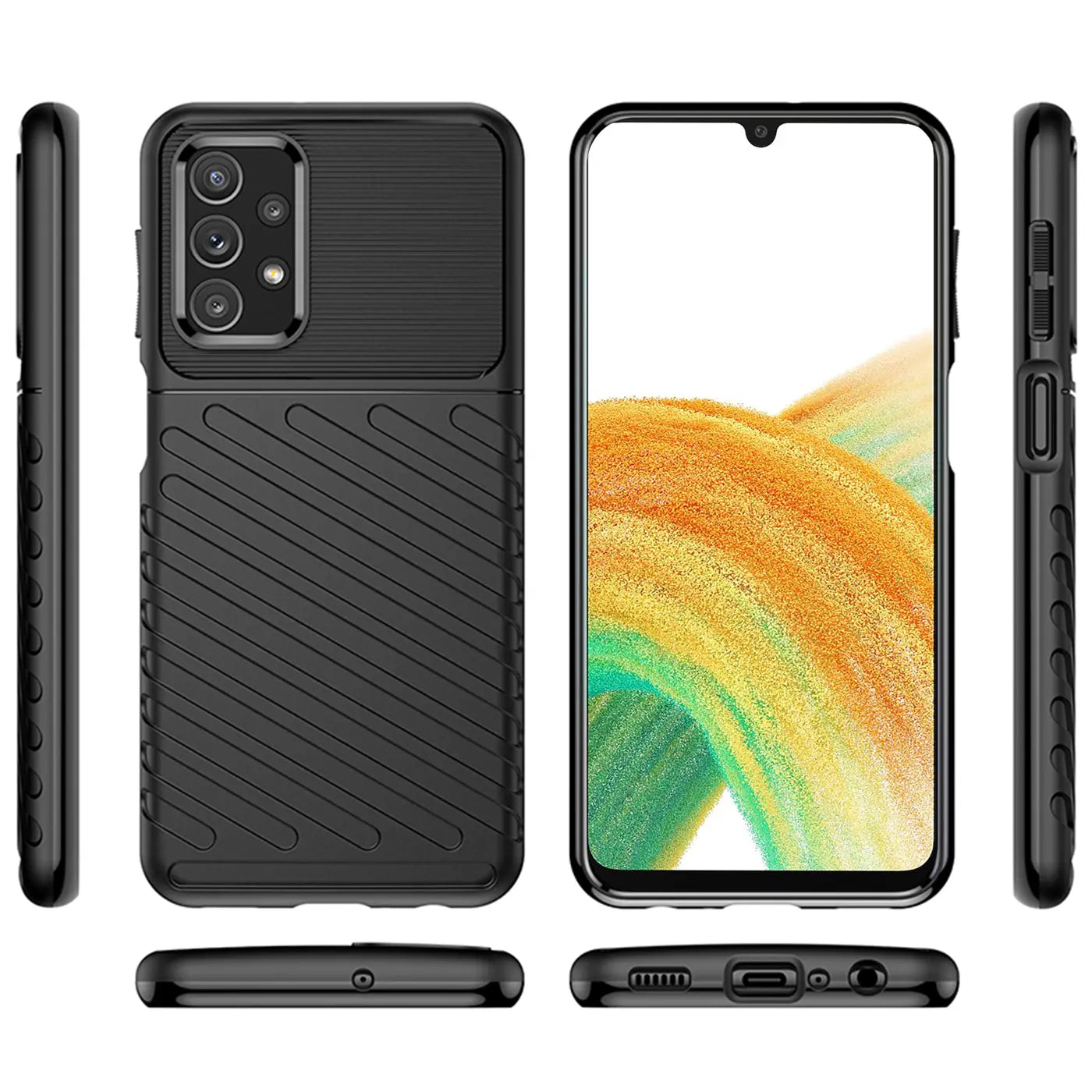 Schwarze Handyhülle aus Kunststoff, Vorder-, Rück- und Seitenansicht, mit Samsung Galaxy A33 5G.