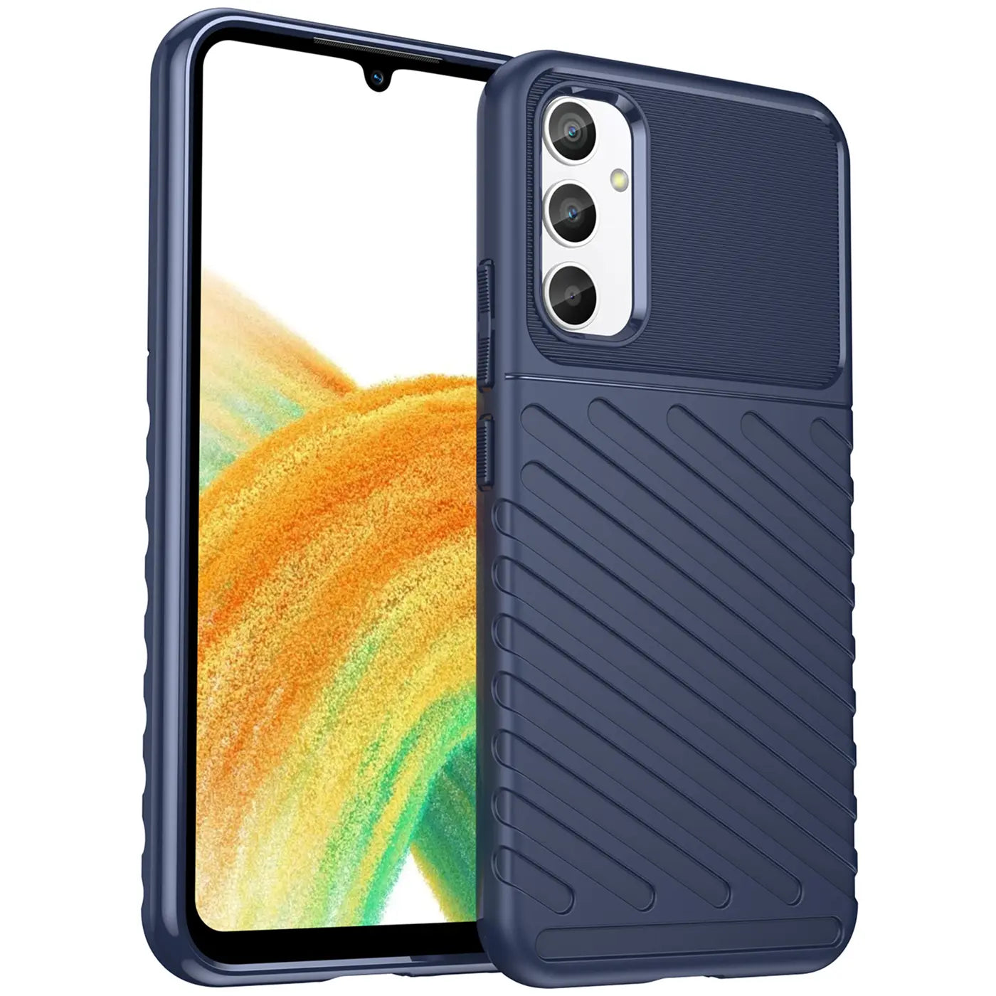 Dunkelblaue Handyhülle aus Kunststoff mit Rillenmuster, Vorderansicht, Samsung Galaxy A34 5G.