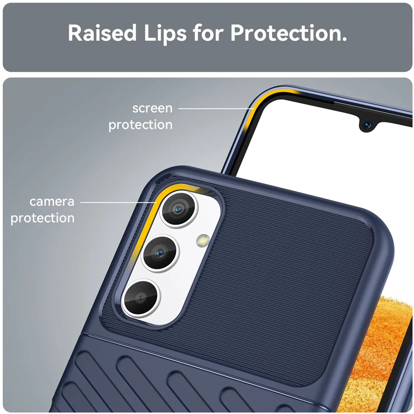Dunkelblaue Handyhülle aus Kunststoff, Nahaufnahme, Samsung Galaxy A34 5G.